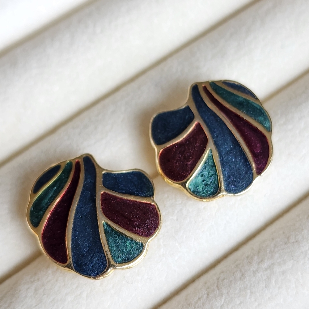 Vintage 80s Cloisonne Enamel Blue Green Purple Stud Earrings Retro Gold Tone
